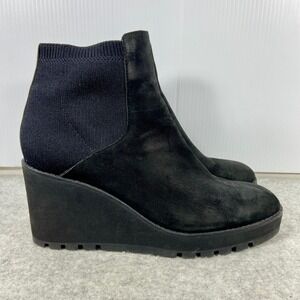 Eileen Fisher Adele Wedge Heel Ankle Booties Black Suede Nubuck Leather Womens 9